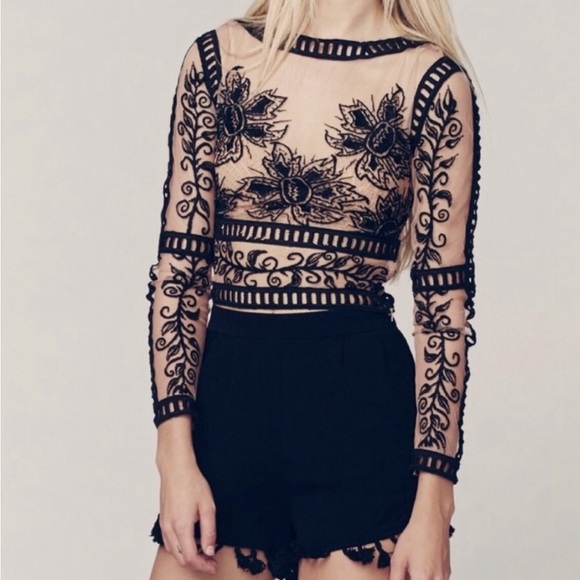 For Love And Lemons Dark Nights Black Sheer Crop Floral Blouse - Picture 2 of 5